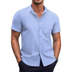 Clear Blue Men Short Sleeve Button Down Wrinkle Free Polka Dot Print Shirt